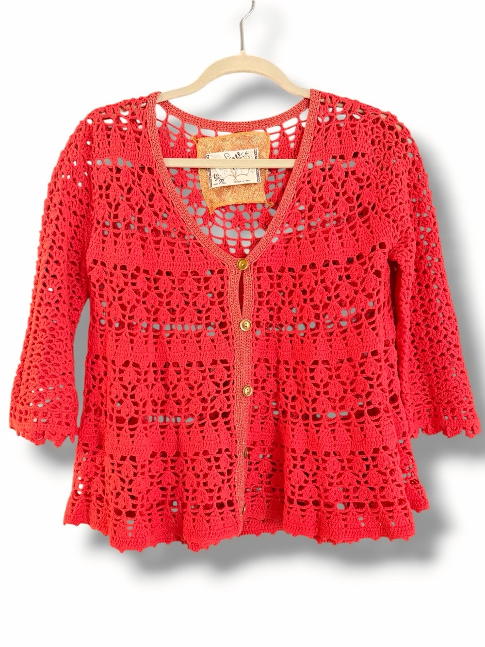 Free People Open Crochet Sweater Size XS Coral Orange
